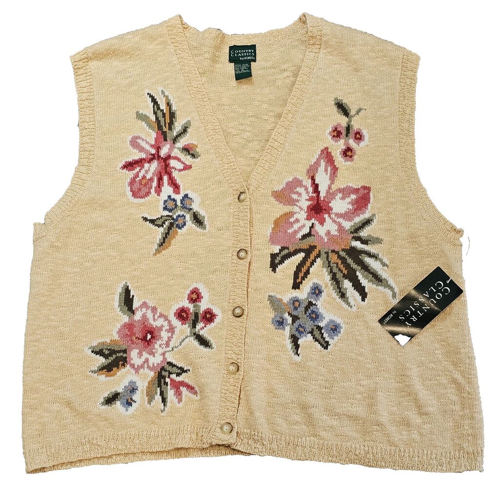 COUNTRY CLASSICS floral knit vest button front cottagecore size XL